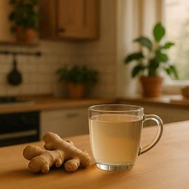 A cozy kitchen in the background with some ginger root and a cup of ginger tea on the counter in the foreground.