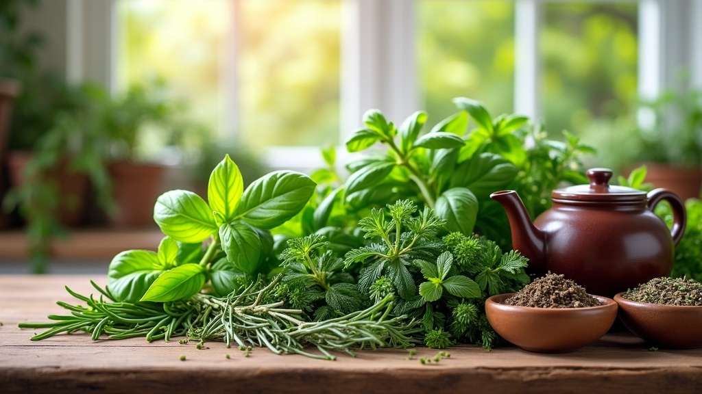 Various fresh herbs on a wooden kitchen table