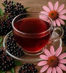 A cup of tea with the elderberry branches and echinacea flowers around.