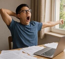 An image of a man at a workstation with a  laptop and papers, yawning and stretching his arms