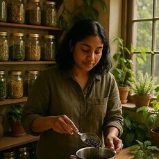 An image of a woman in her home apothecary making elderberry syrup