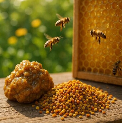 An image of some bees, propolis, and bee pollen