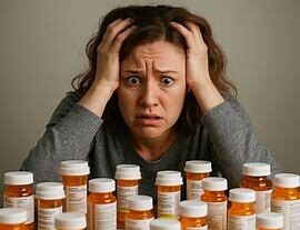 An image of a woman looking overwhelmed at a table full of pill bottles.