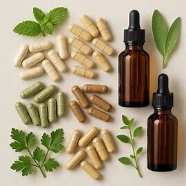 An image of different herbal supplements in the form of capsules and tinctures, with some herbs around them.