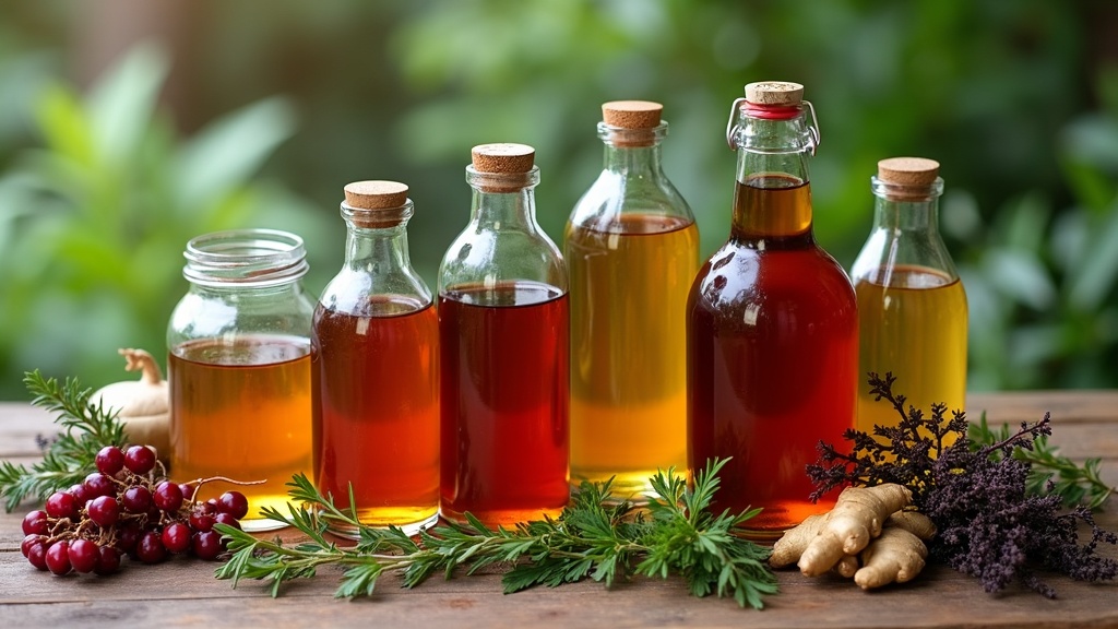 Homemade herbal syrup with glass jars and fresh herbs on a wooden table