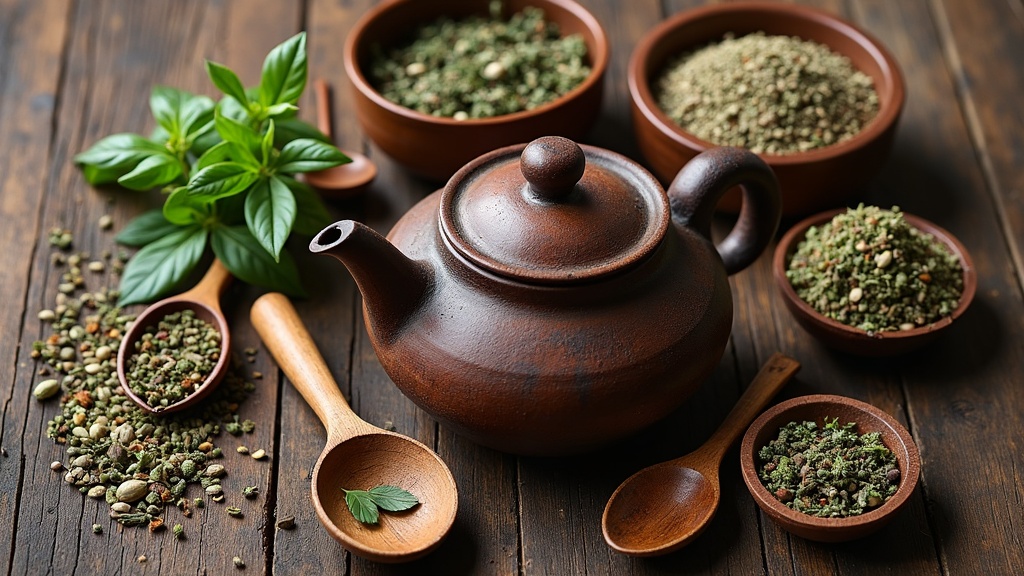 A rustic teapot with a variety of dried herbs in bowls and wooden spoons on a wooden table
