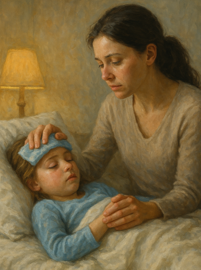 An image of a sick child in bed with a  mother taking care of the child.