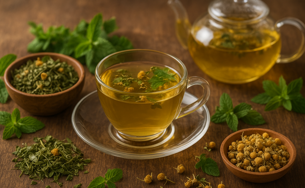 An image of small dishes of herbs and a tea steeping setup, with a mug and a teapot